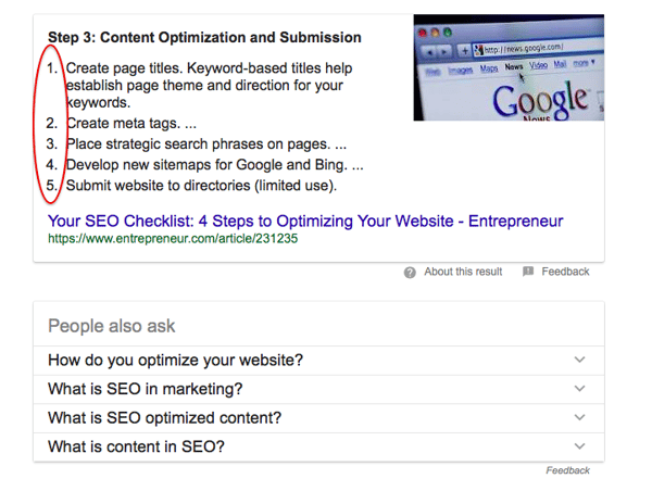 featured snippet Google 2