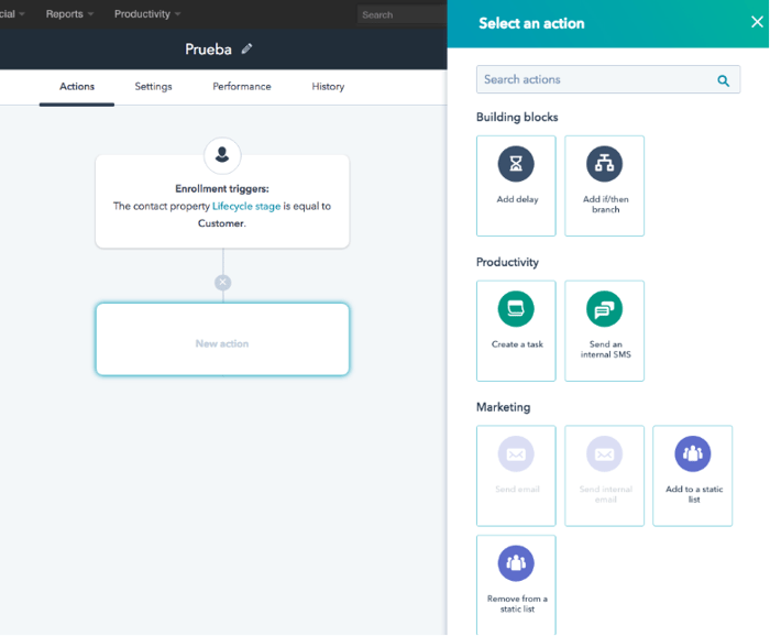 seleccionar accion workflow hubspot