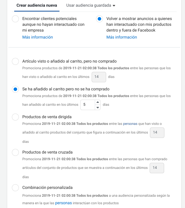 Audiencia remarketing Facebook venta catálogo productos