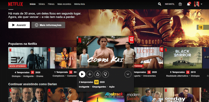 Esta é uma captura de tela que mostra a interface front-end da Netflix. 