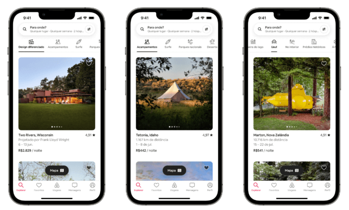 Esta é uma imagem que mostra celulares com a interface front-end do Airbnb. 