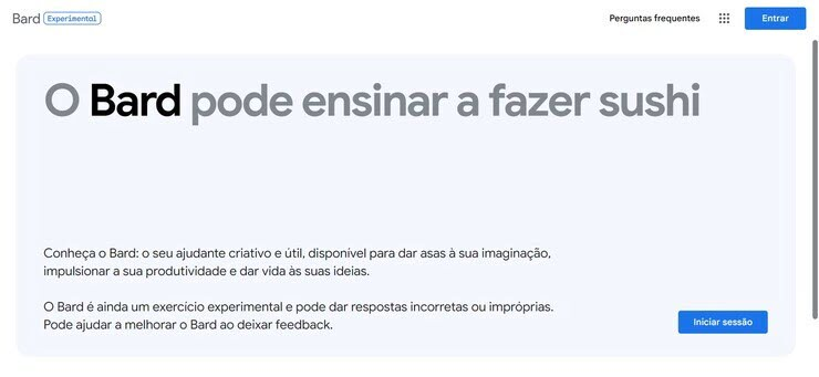 Esta é uma captura de tela da página inicial do Bard, IA do Google. Nele esta escrito "O Bard pode ensinar a fazer sushi."