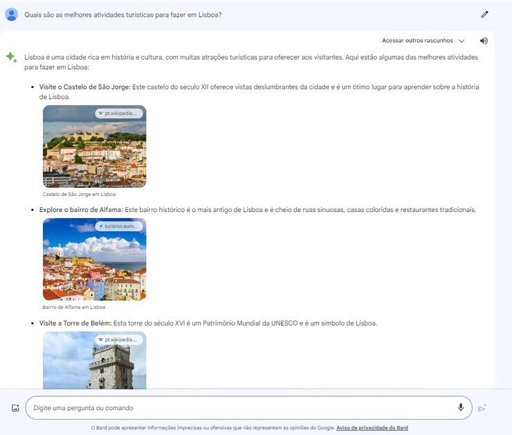 Esta é uma captura de tela do Bard, IA do Google, que mostra dicas de turismo em Lisboa