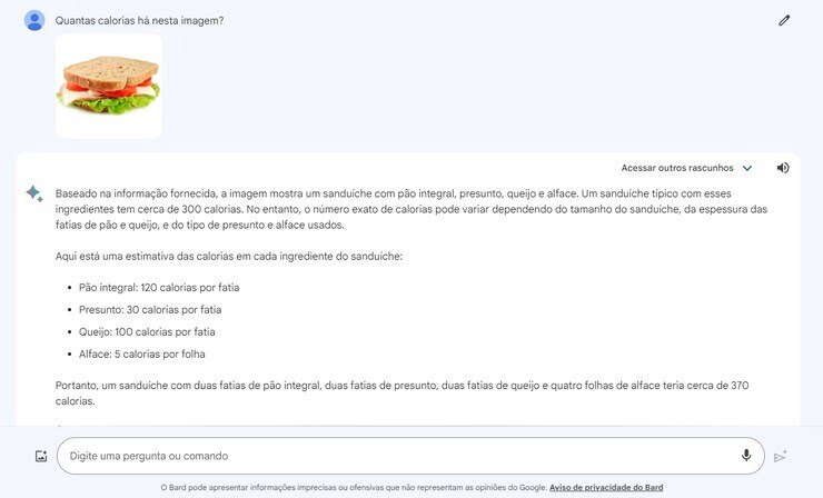 Esta é uma captura de tela que mostra uma conversa com a Bard, IA do Google, na qual informações sobre um sanduiche são dadas a partir de uma imagem. 