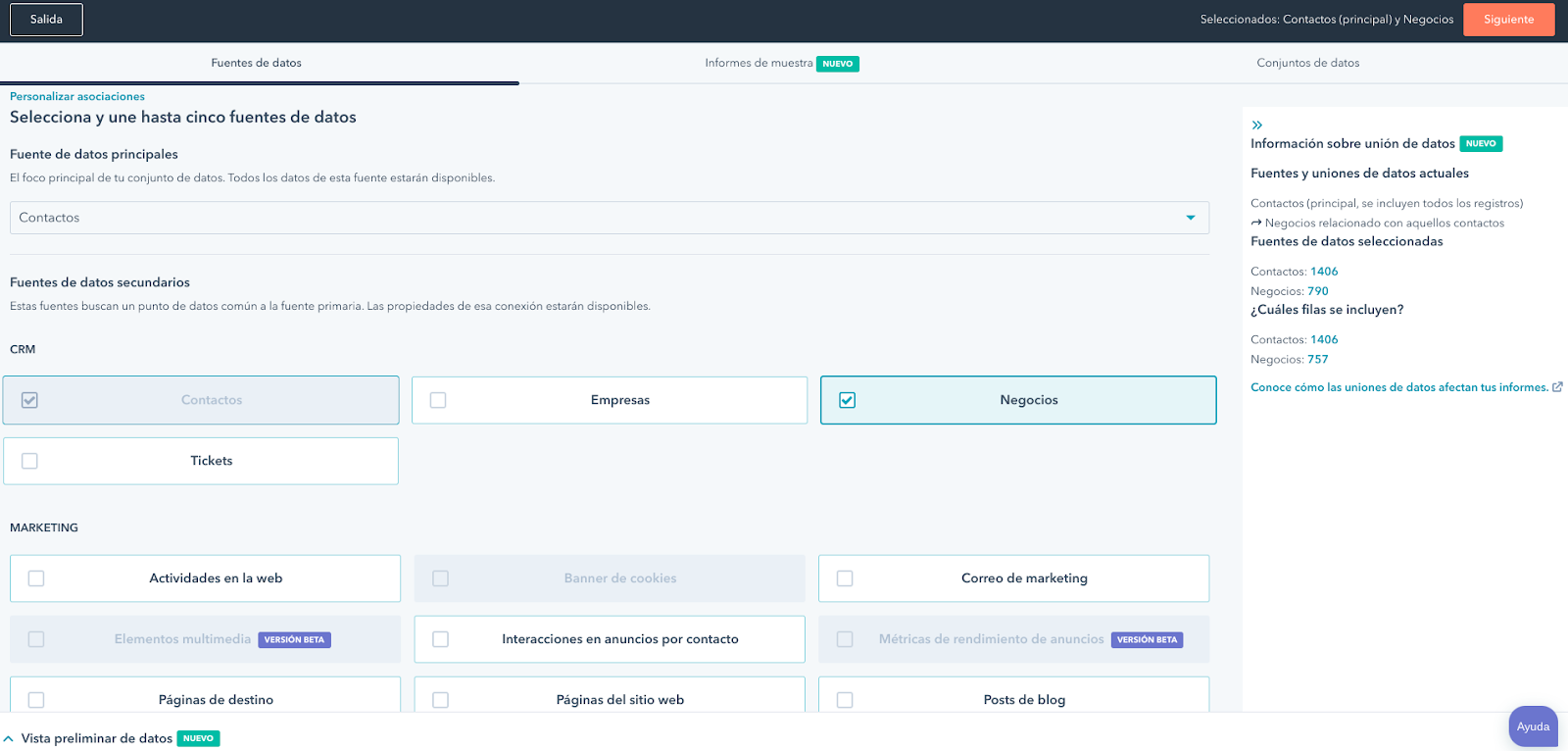 Cómo escoger la fuente de datos de un informe