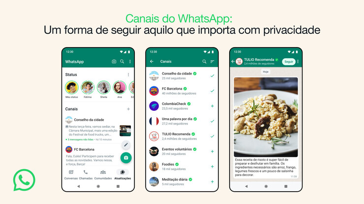 Esta é uma imagem que mostra celulares com as interfaces do Whatsapp e suas funcionalidades.