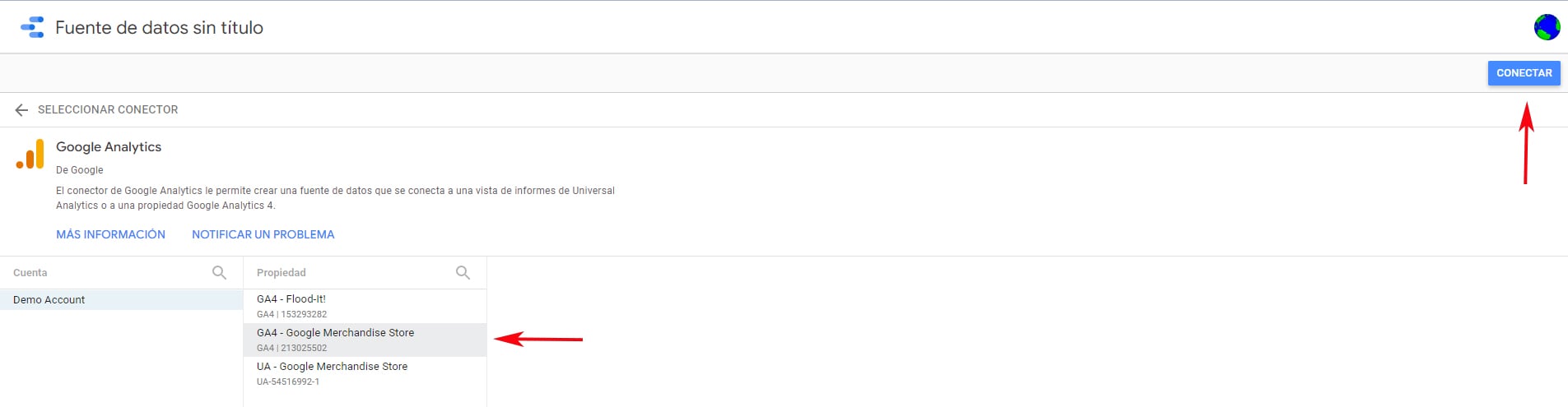 Conectar a vista Demo Account Google Data Studio