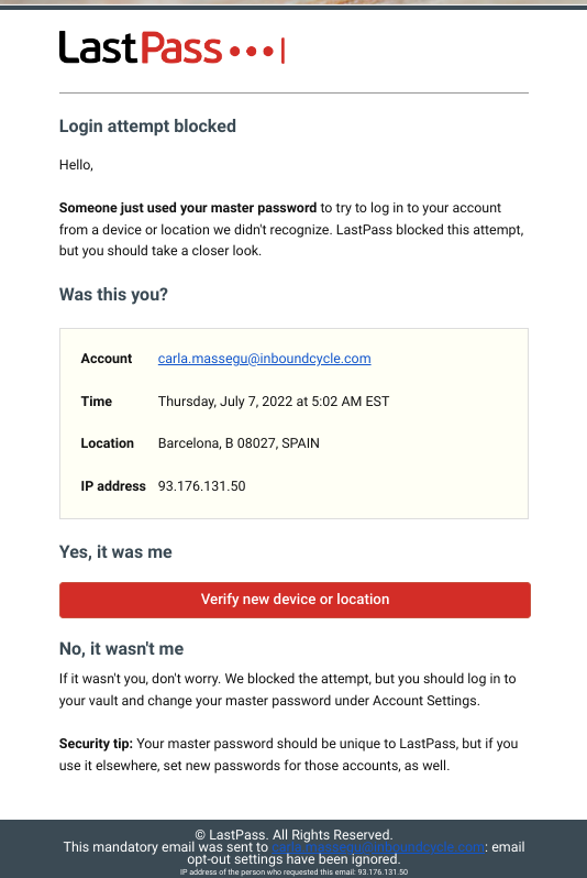 Emails de notificaciones de la cuenta