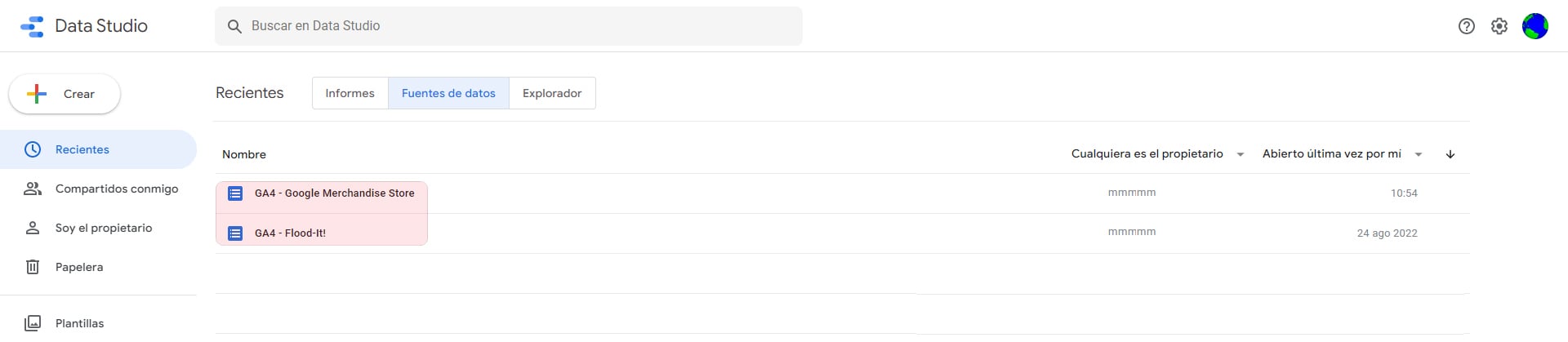 FUENTES DE DATOS listada segunda Google Data Studio