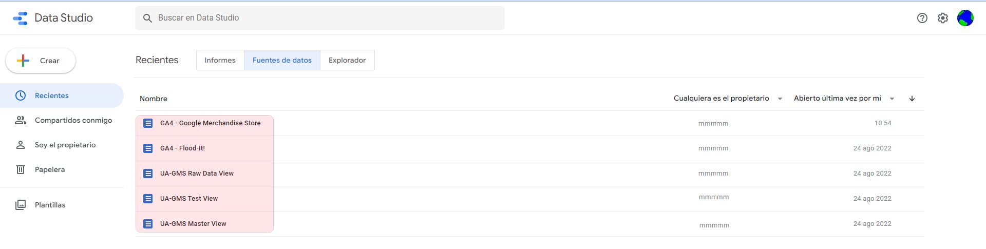 FUENTES DE DATOS listados Google Data Studio