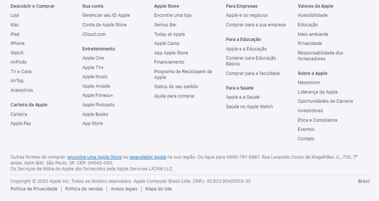 Esta é uma camptura de tela do footer do site da Apple, mostrando todos os seus elementos.