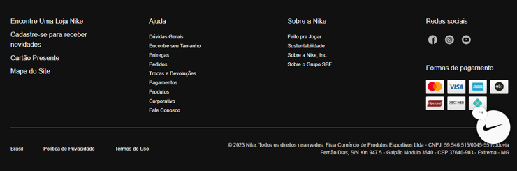 Esta é uma camptura de tela do footer do site da Nike, mostrando todos os seus elementos.