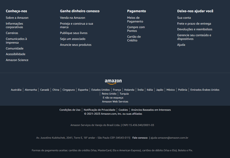 Esta é uma camptura de tela do footer do site da Amazon, mostrando todos os seus elementos.