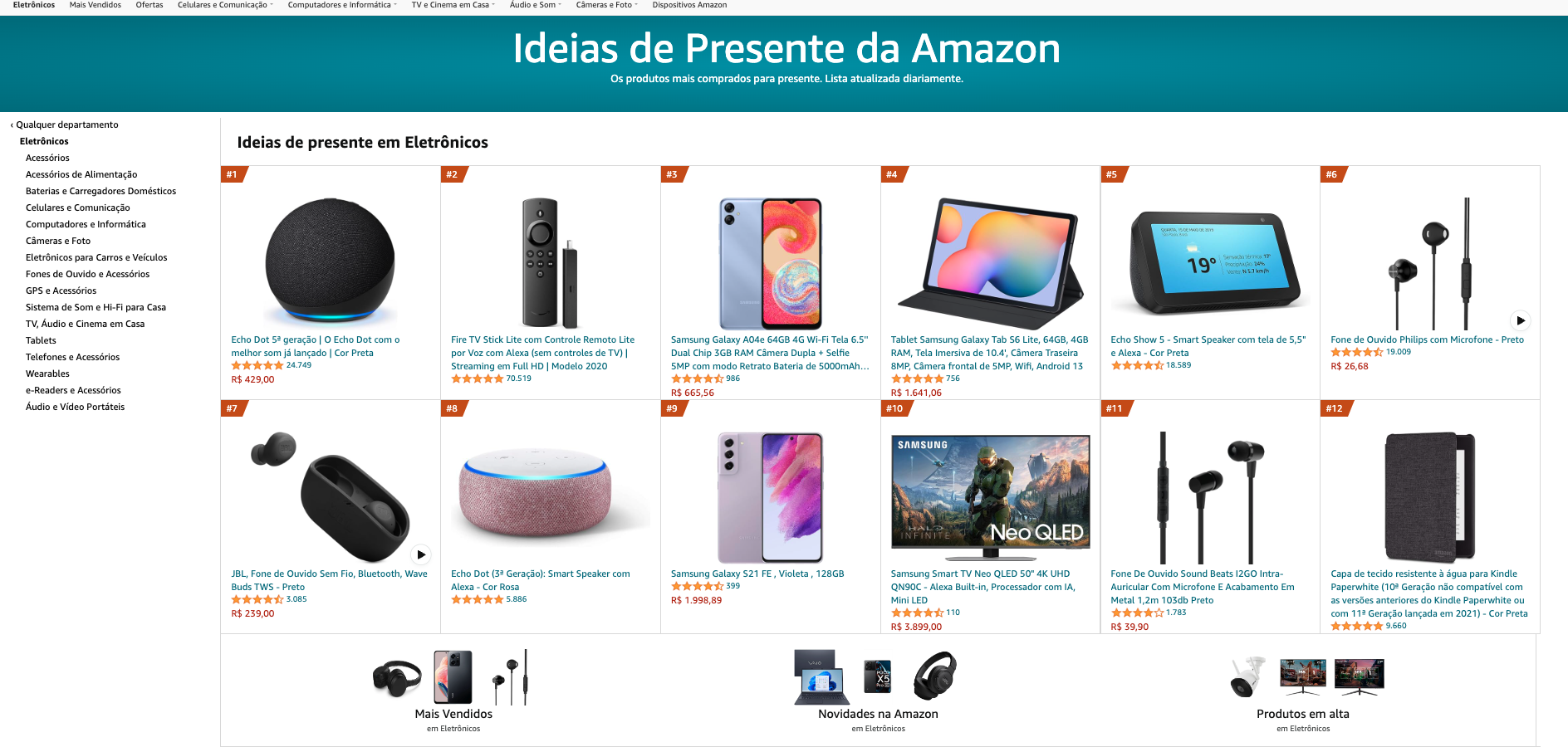 Esta é uma imagem que mostra a página de compras da Amazon, com ideias de presentes.