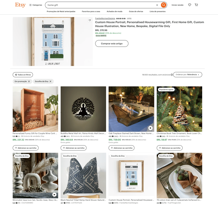 Esta é uma imagem que mostra a página de compras do Etsy.