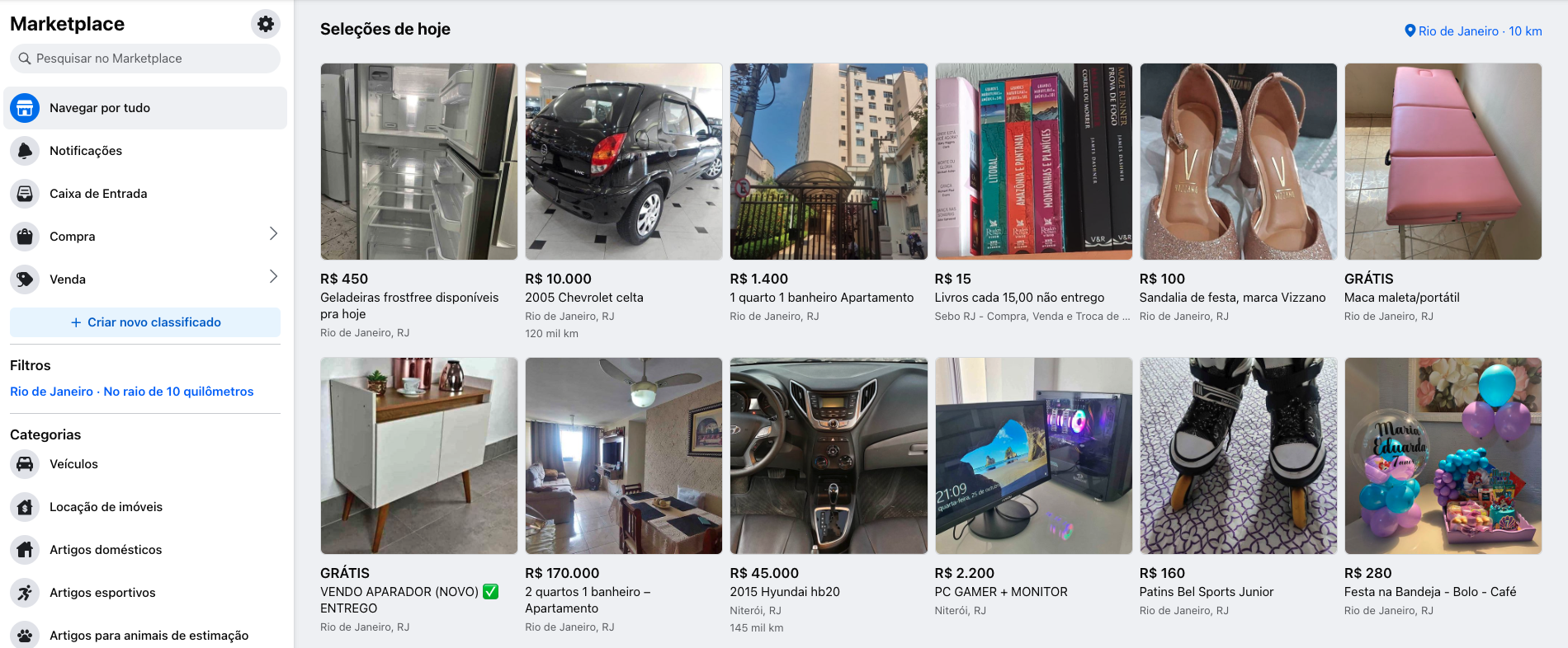 Esta é uma imagem que mostra a página de anúncios do Marketplace do Facebook. 