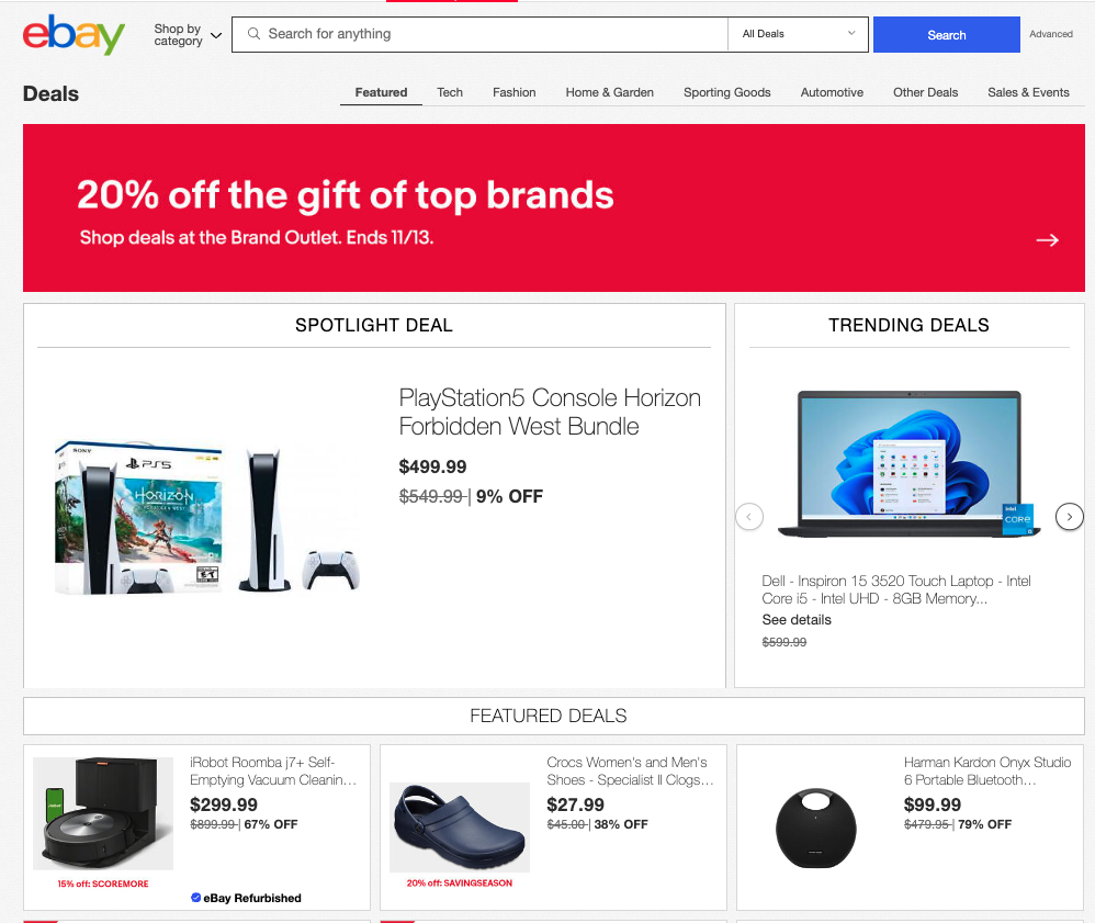 Esta é uma imagem que mostra a página de compras do Ebay, com produtos e descontos.