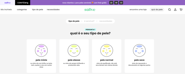 Esta é uma captura de tela que mostra o a página interativa Quiz da Pele, feito pela empresa de skincare Sallve.