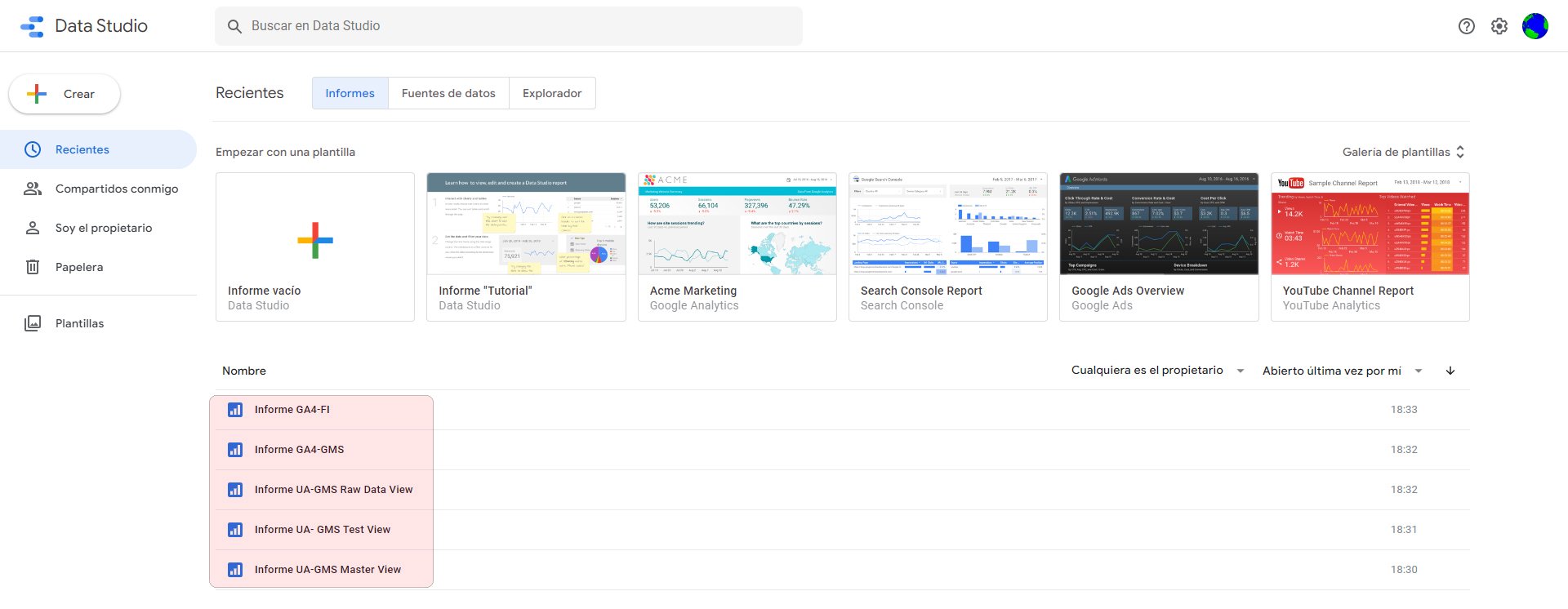 INFORMES listados Google Data Studio