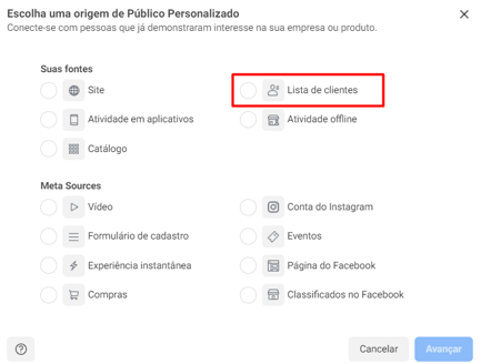 Remarketing no Facebook _ Escolha uma origem de Público Personalizado