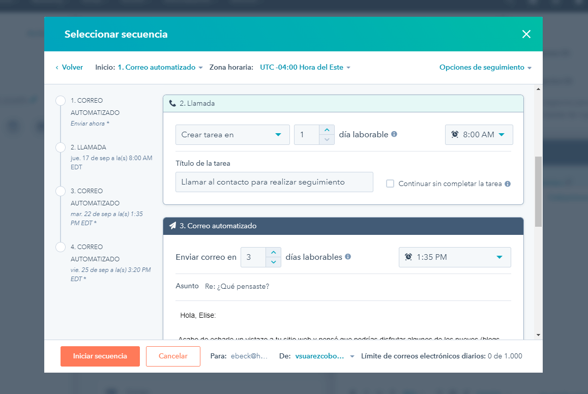 Secuencia HubSpot ejemplo
