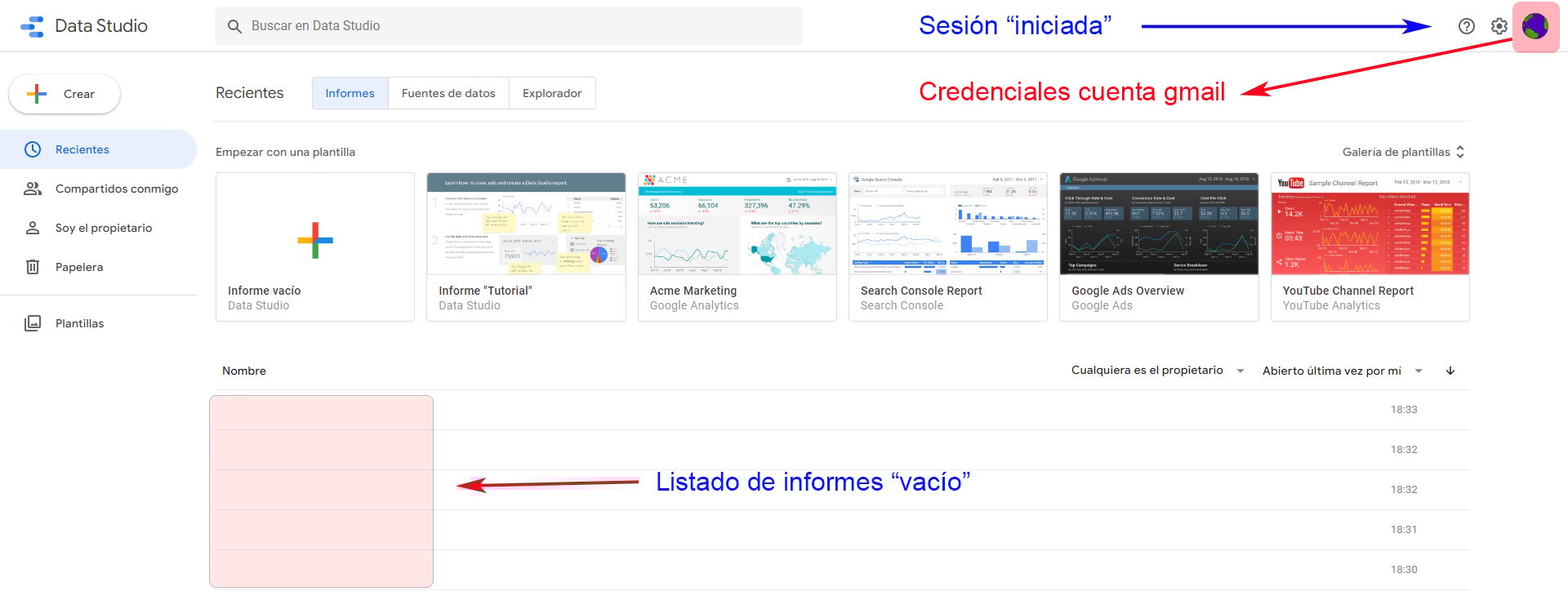 Sesión iniciada_Listado Informes_Google Data Studio