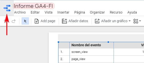 Vuelta al menú Logo DS (informes) Listado Informes - Google Data Studio