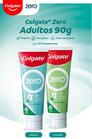 Esta é uma imagem que ilustra um anúncio publicitario do creme dental Colgate Zero, há nele dois tubos de creme dental e a descrição do produto "Colgate Zero, Adultos 90g"
