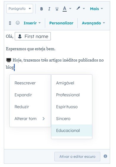Esta é uma captura de tela que exibe o HubSpot Assistant, uma ferramenta que utiliza algoritmos avançados para escrever e-mails automaticamente.