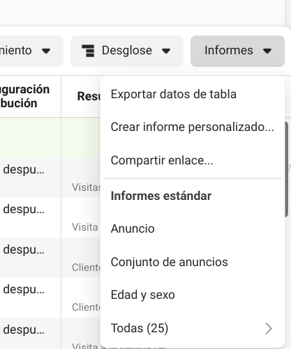 crear informe personalizado administrador de anuncios de facebook