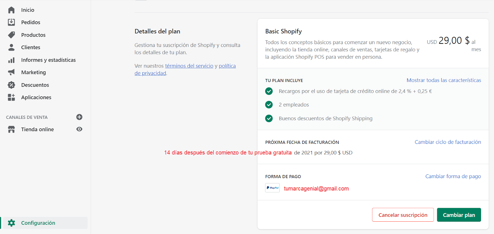 crear tienda online shopify cancelar cuenta