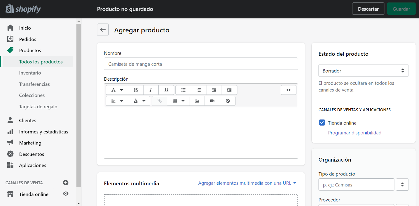 crear tienda online shopify crear producto