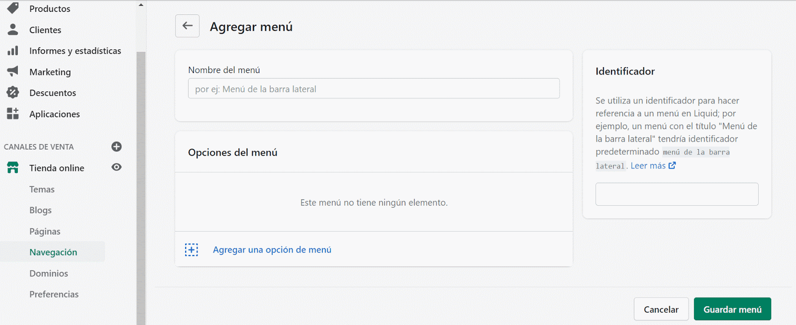 crear tienda online shopify navegacion