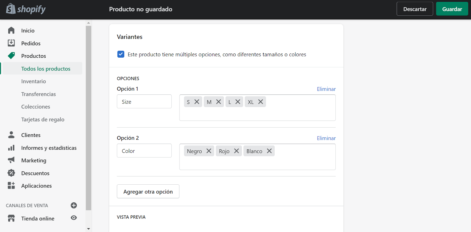 crear tienda online shopify variantes