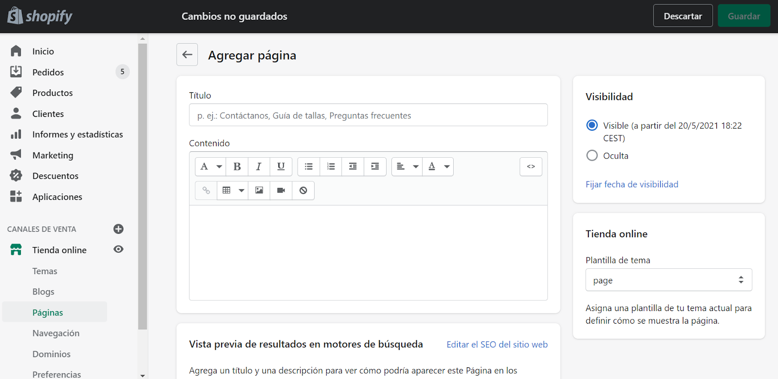 crear tienda shopify agregar pagina