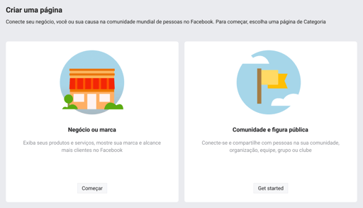 Esta é uma captura de tela mostrando como criar uma página no facebook para empresas.