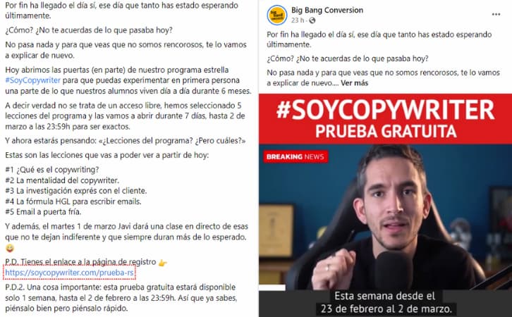 ejemplo de copy en facebook