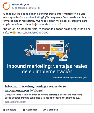 ejemplo publicacion facebook inboundcycle