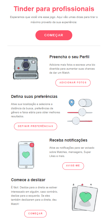 Esta é uma captura de tela que mostra um exemplo de e-mail de boas-vindas do Tinder