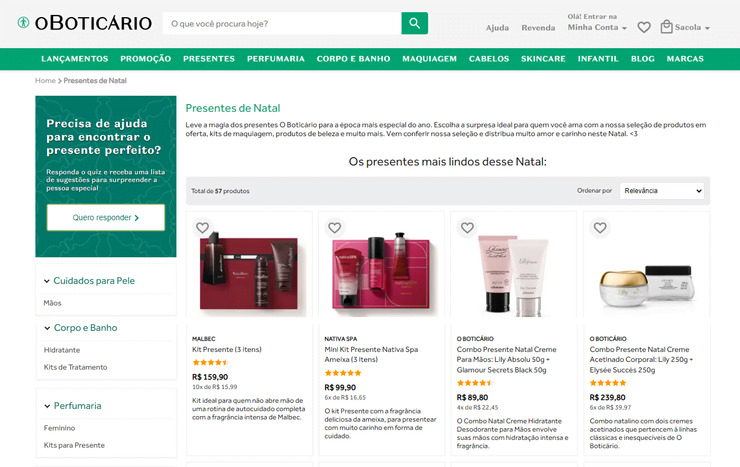 Esta é uma imagem que mostra o menu de compras do e-commerce de O Boticário