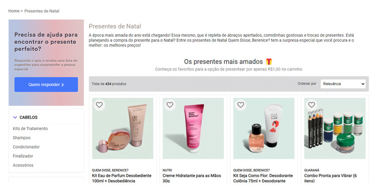 Esta é uma imagem que mostra o menu de compras do e-commerce da Quem Disse Berenice.