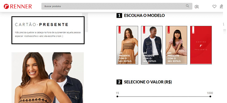 Esta é uma imagem que mostra a página de compra de cartão presente do e-commerce da Renner.