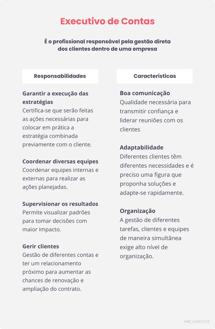 Este é um infográfico que descreve as responsabilidades e características de um executivo de contas.