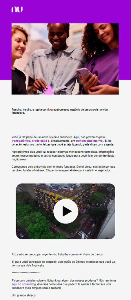 Esta é uma captura de tela que mostra um exemplo de e-mail de boas-vindas do Nubank