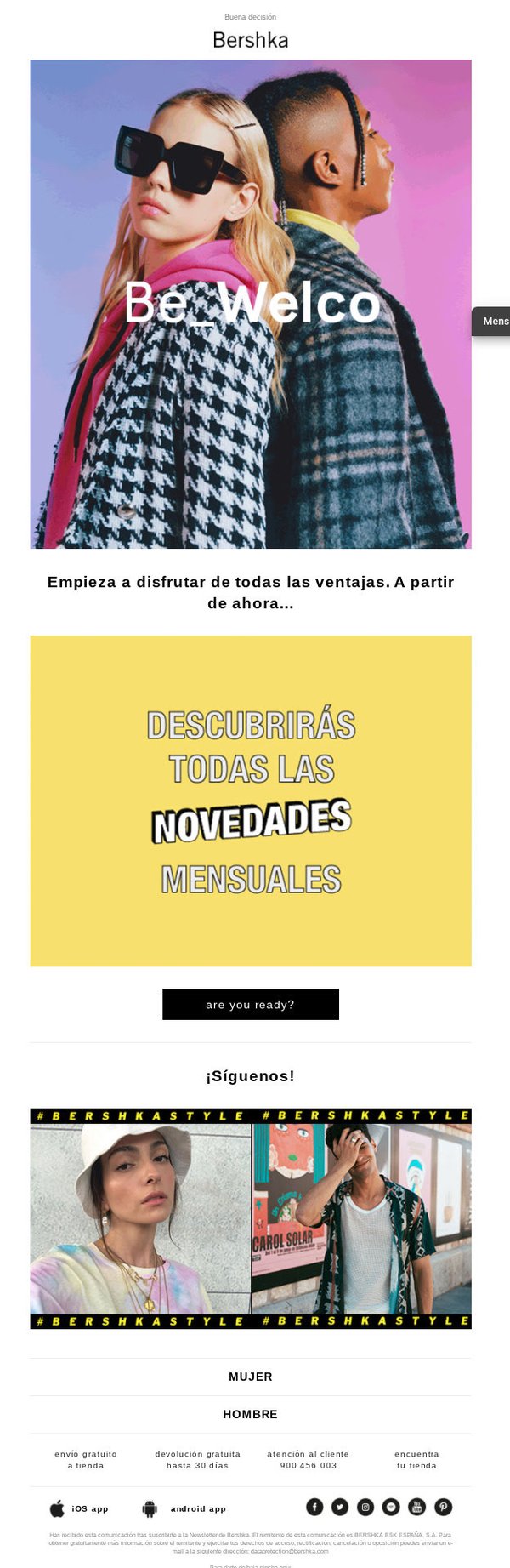 Esta é uma captura de tela que mostra um exemplo de e-mail de boas-vindas da Bershka