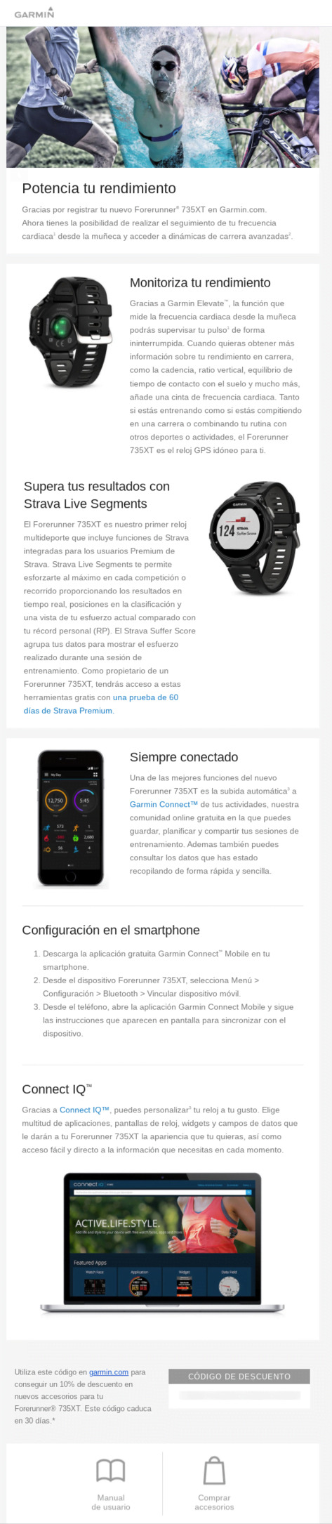 Esta é uma captura de tela que mostra um exemplo de e-mail de boas-vindas da Garmin