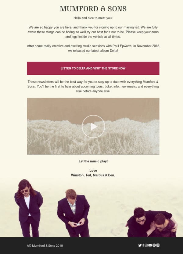 Esta é uma captura de tela que mostra um exemplo de e-mail de boas-vindas da Mumfordandsons