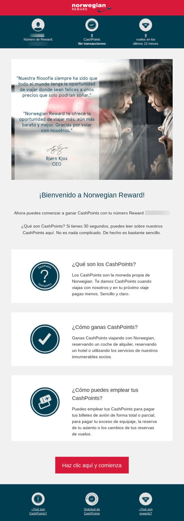 Esta é uma captura de tela que mostra um exemplo de e-mail de boas-vindas da Norwegianreward