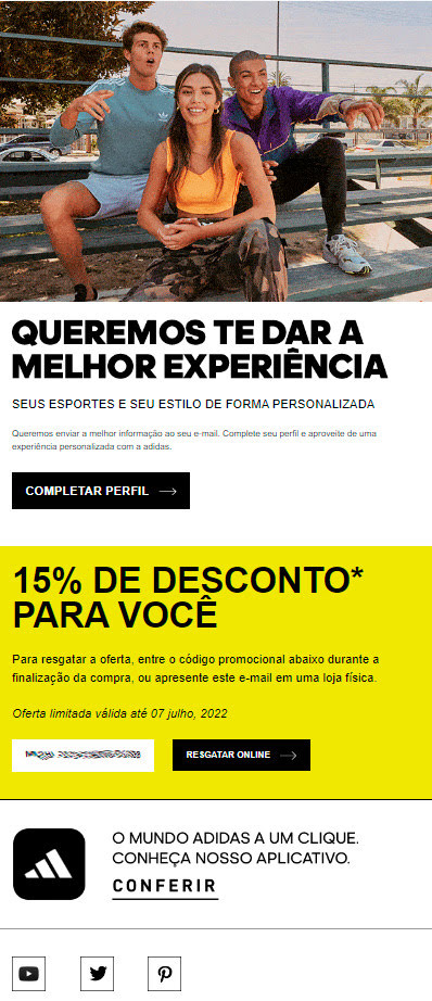Esta é uma captura de tela que mostra um exemplo de e-mail de boas-vindas da Adidas