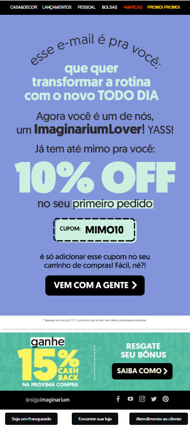 Esta é uma captura de tela que mostra um exemplo de e-mail de boas-vindas da Imaginarium